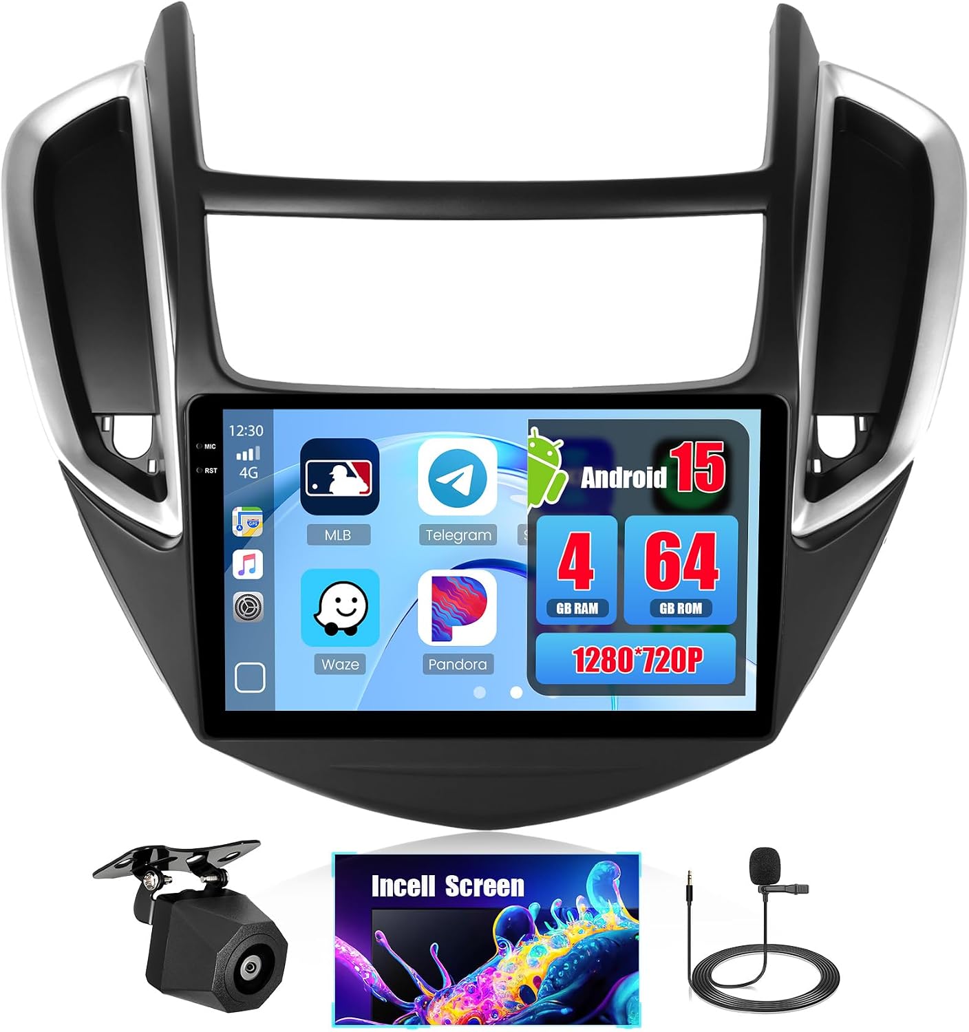 4+64GB Android 15 Car Radio for 2014 2015 2016 Chevrolet Chevy Trax Wireless Carplay Android Auto, 9" in-Cell Touch Screen Car Stereo with WiFi Bluetooth5.0 GPS FM/RDS EQ Backup Camera
