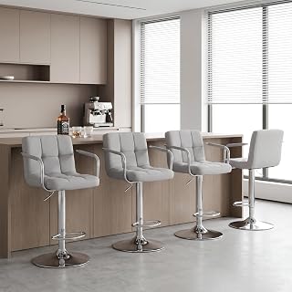 Bar Stools Set of 4, 24-26'' Adjustable Swivel Bar Chairs, Grey