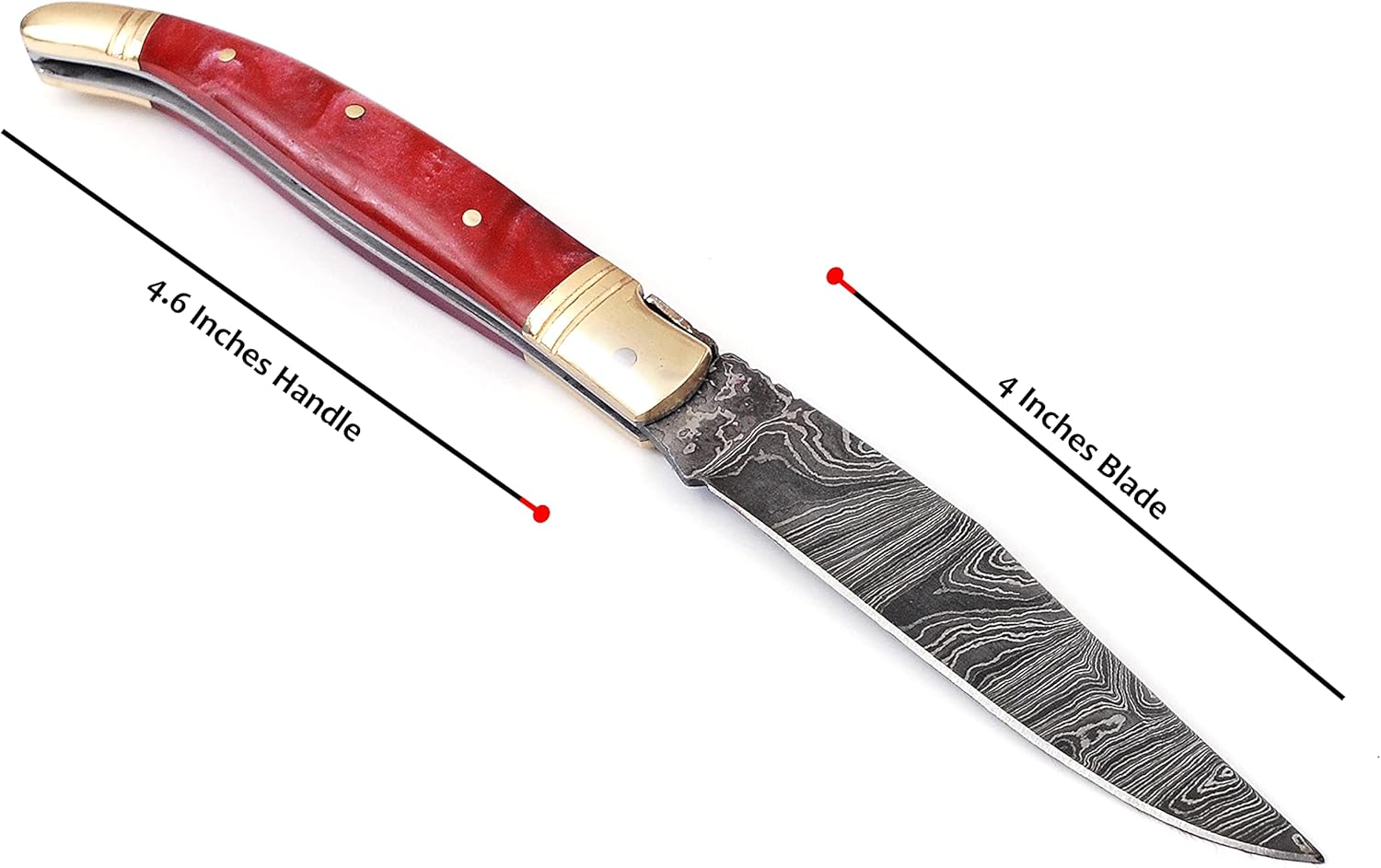 Laguiole Folding Damascus steel knife, 8.5" Long with 4" hand forged custom twist pattern Blade. Beige color unshrinkable Raisen scale with brass bolster, Cow hide leather sheath included