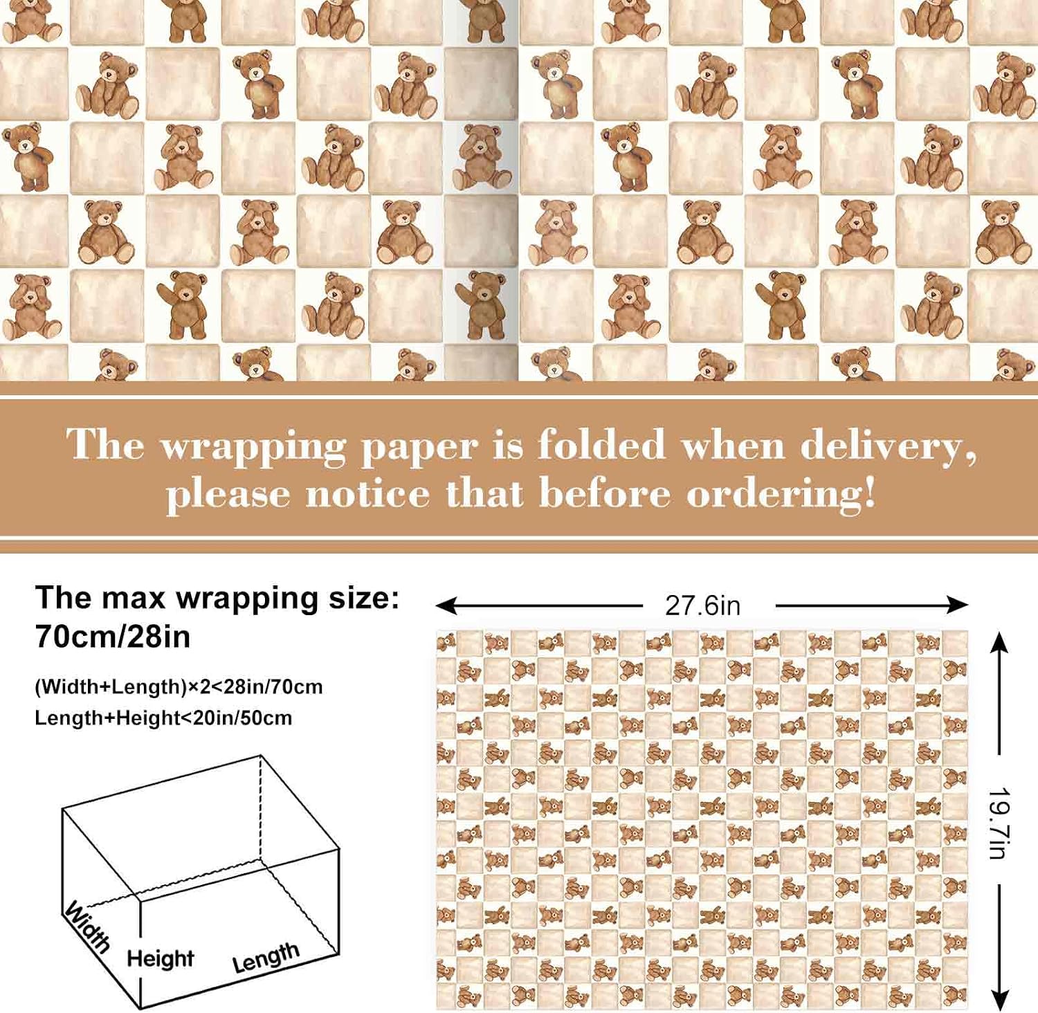 Whaline 6 Sheets Brown Bear Wrapping Paper - Not Roll - Cute Watercolor Plaid Bear Gift Wrap Paper Folded Flat for Baby Shower Birthday DIY Craft Packaging Supplies, 19.7 x 27.6 Inch image 2