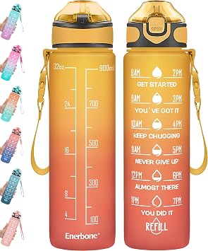 Enerbone 32 oz Drinking Water Bottle with Times to Drink and Straw, Motivational with Carrying Strap, Leakproof BPA & Toxic Free, Ensure You Drink Enough Water for Fitness Gym Outdoor