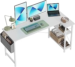 كوبي مكتب مع ارفف زاوية صغير على شكل حرف L مساحات تخزين للمنزل والمكتب كمبيوتر قابل للعكس طاولة العاب 140 سم ارجل بيضاء