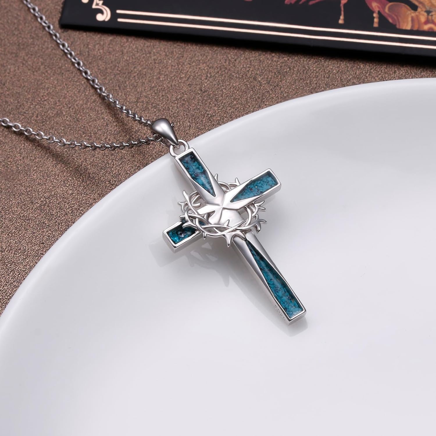 Cross Turquoise Necklace 925 Sterling Silver Thorns Cross Pendant Necklace Engraved All Things are Possible Religious Christian Jewelry Gifts for Women Men - Image 4