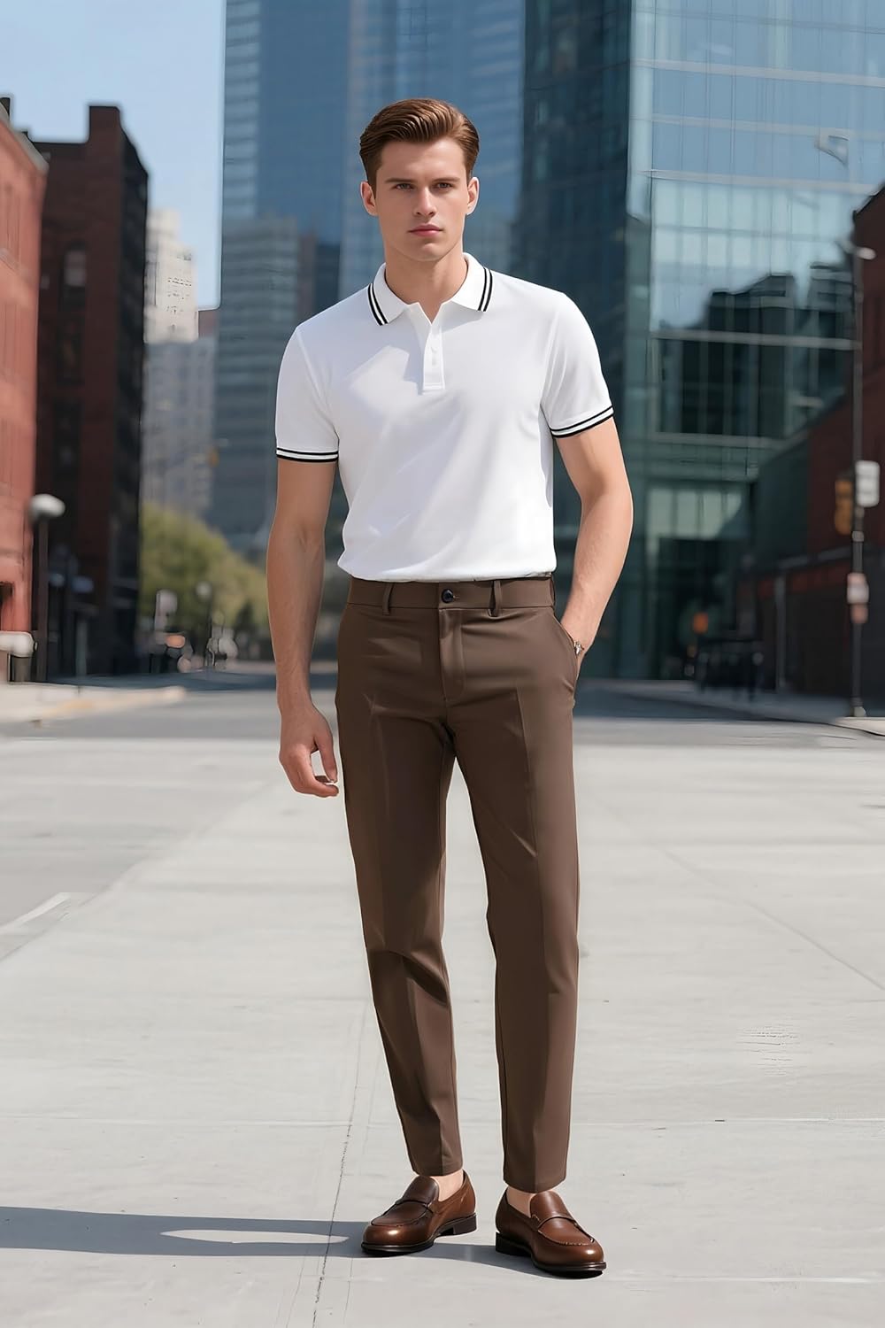 Plaid&Plain Men's Dress Pants Slim Fit Stretch Khaki Pants Wrinkle Free - Image 7