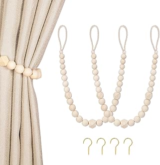 Wood Bead Curtain Tiebacks, KLOGTSIND Set of 2 Curtain Holdbacks for Thin or Thick Window Draperies, Boho Farmhouse Curtain Tiebacks with Hooks, Curtain Tie Backs for Home Office Room Decor