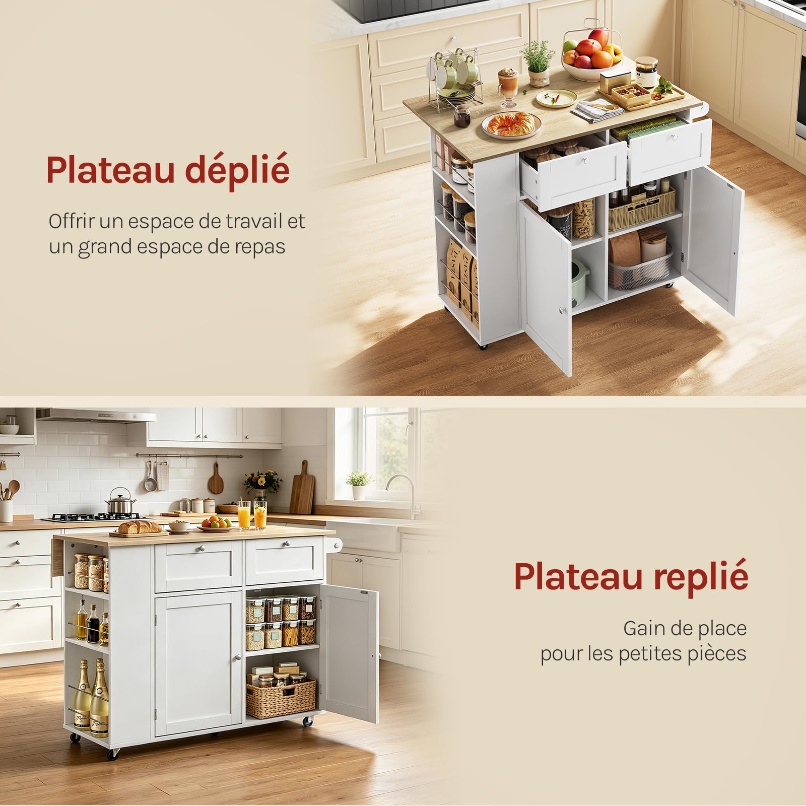 WOLTU Îlot Central Cuisine sur roulettes, Meuble Cuisine avec Plateau Rabattable, Étagère Latérale, Placard avec 2 Tiroirs, 2 Portes et Porte-Serviettes, Chêne Clair + Blanc