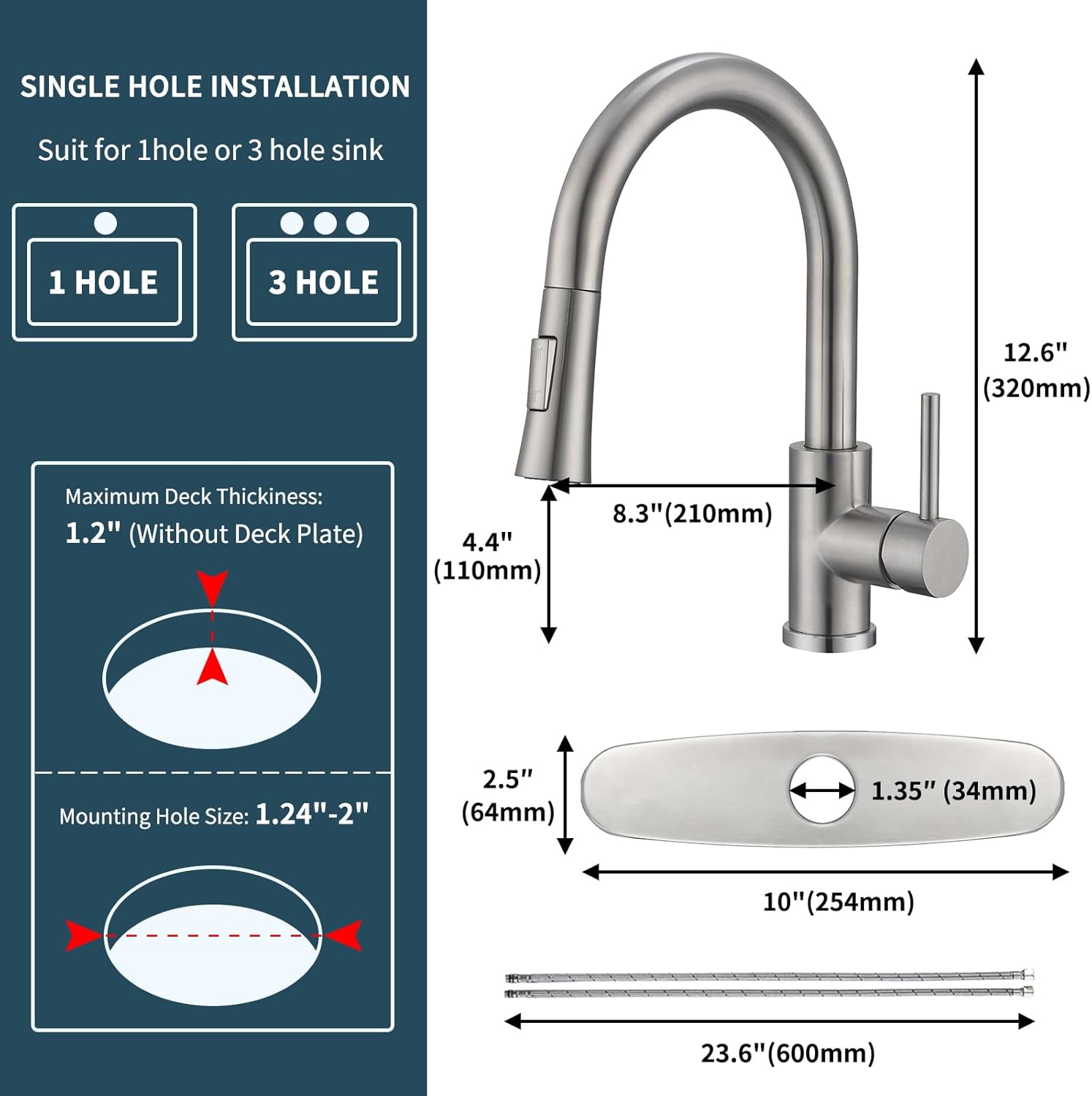 Kitchen Faucet with Pull Down Sprayer SUS304 Stainless Steel High Arc Brushed Nickel Pull Out Kitchen Sink Faucets Utility Laundry Farmhouse Camper Rv Modern for 1 or 3 Hole Sink, KF1-BN
