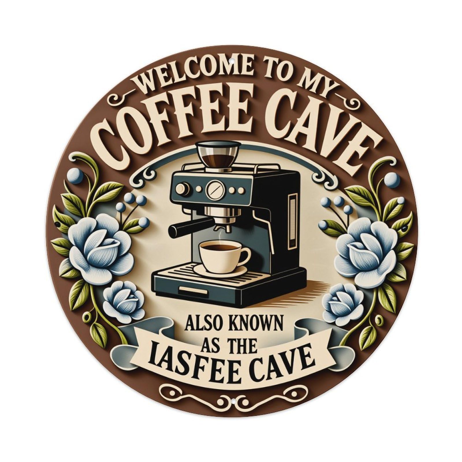 Coffee Machine Floral Design Sign Round Tin Sign Vintage Style Metal Sign Home Bar Garden Wall Plaque Decor Metal Poster 8x8 Inch