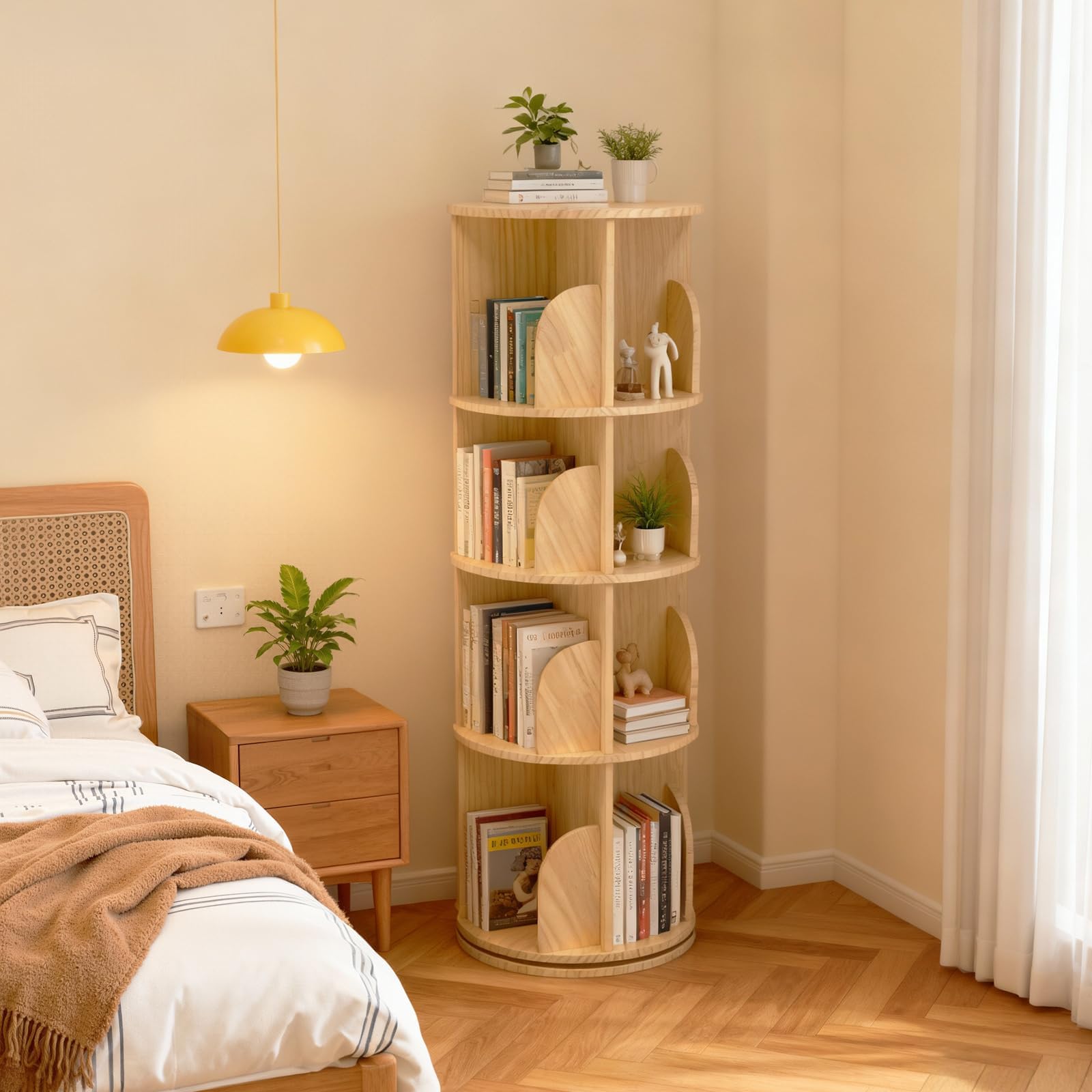 – 360 Degree Rotating Bookcase, Solid Wood Standing Shelf, Floor Standing Bookcase, Multifunctional Bookcase, Storage Shelf for Children and Adults, 4 Tiers, Diameter 39 cm, Height 129 cm