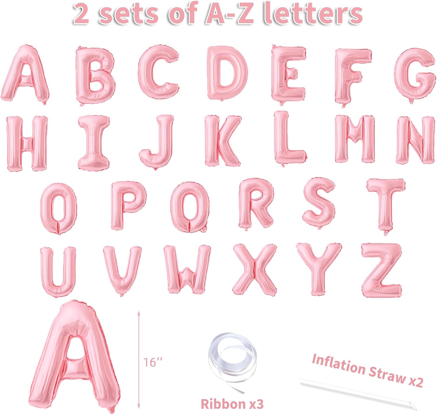 52 Pieces 16 Inches A-Z Letter Balloons – 2 Sets of Alphabet Mylar Balloon (Each Letter Includes 2 Balloons) for Party Decorations, Birthday, Graduation and Hanging Alphabet Banners (Pink)
