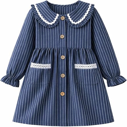 HILEELANG Girl Fall Dress Cotton Striped Long Sleeve Button Front Peter Pan Collar Lace Pockets Chirstmas Holiday Dress18M-6Y