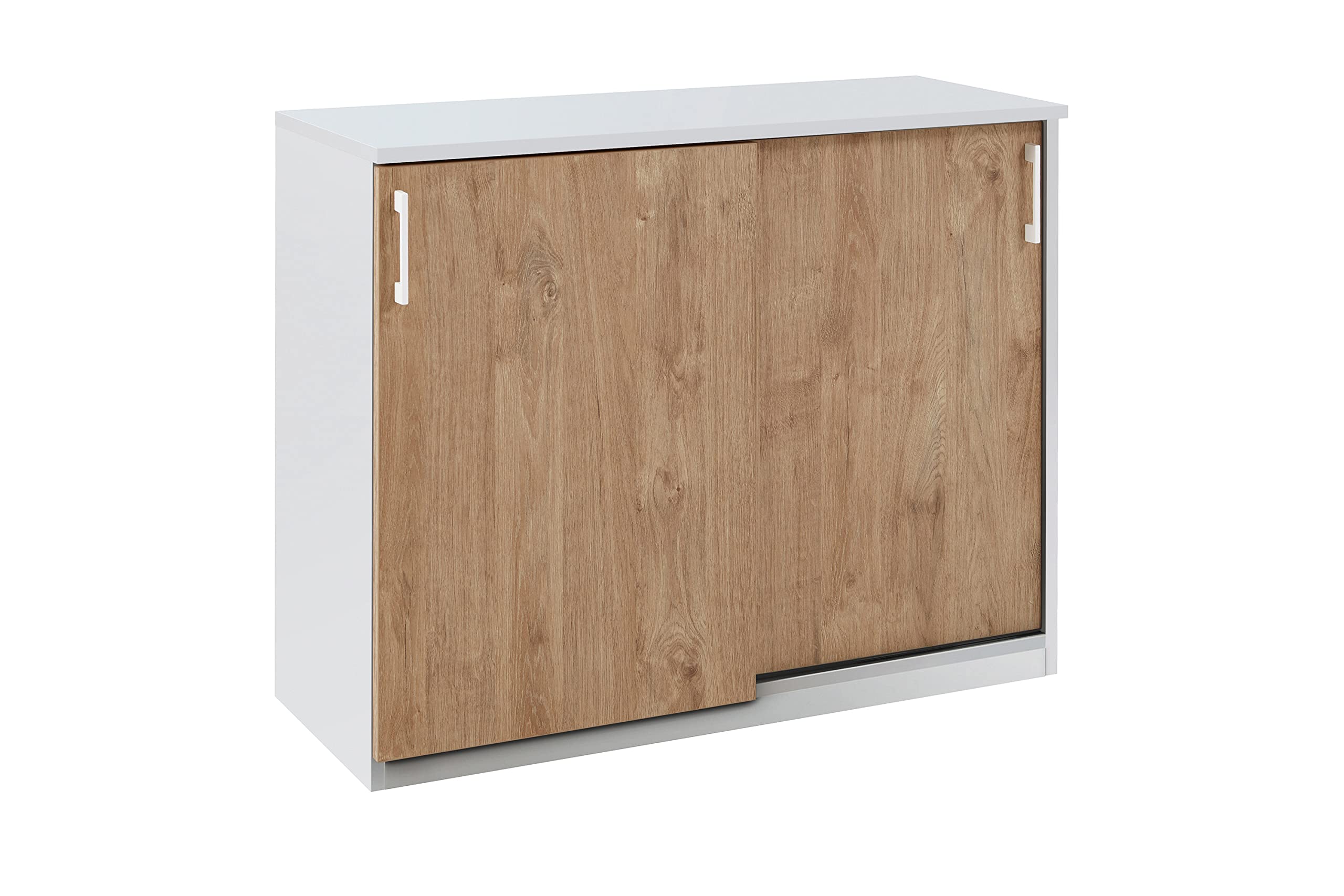boho office® be.smart - Schiebetürenschrank mit 2 Türen und höhenverstellbaren Einlegeböden in weiß mit Front in Eiche und weißen Griffen