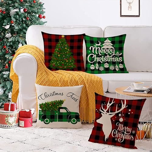 Miniatura 5 de Juego de 4 fundas de almohada de Navidad de 18 x 18 pulgadas, fundas de almohada con diseño de árbol de Navidad, fundas de almohada de Navidad rojo