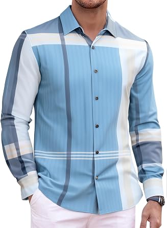 Alex Vando Mens Print Plaid Button Down Shirts Wrinkle Free 4-Way Stretch Casual Dress Shirt for Men