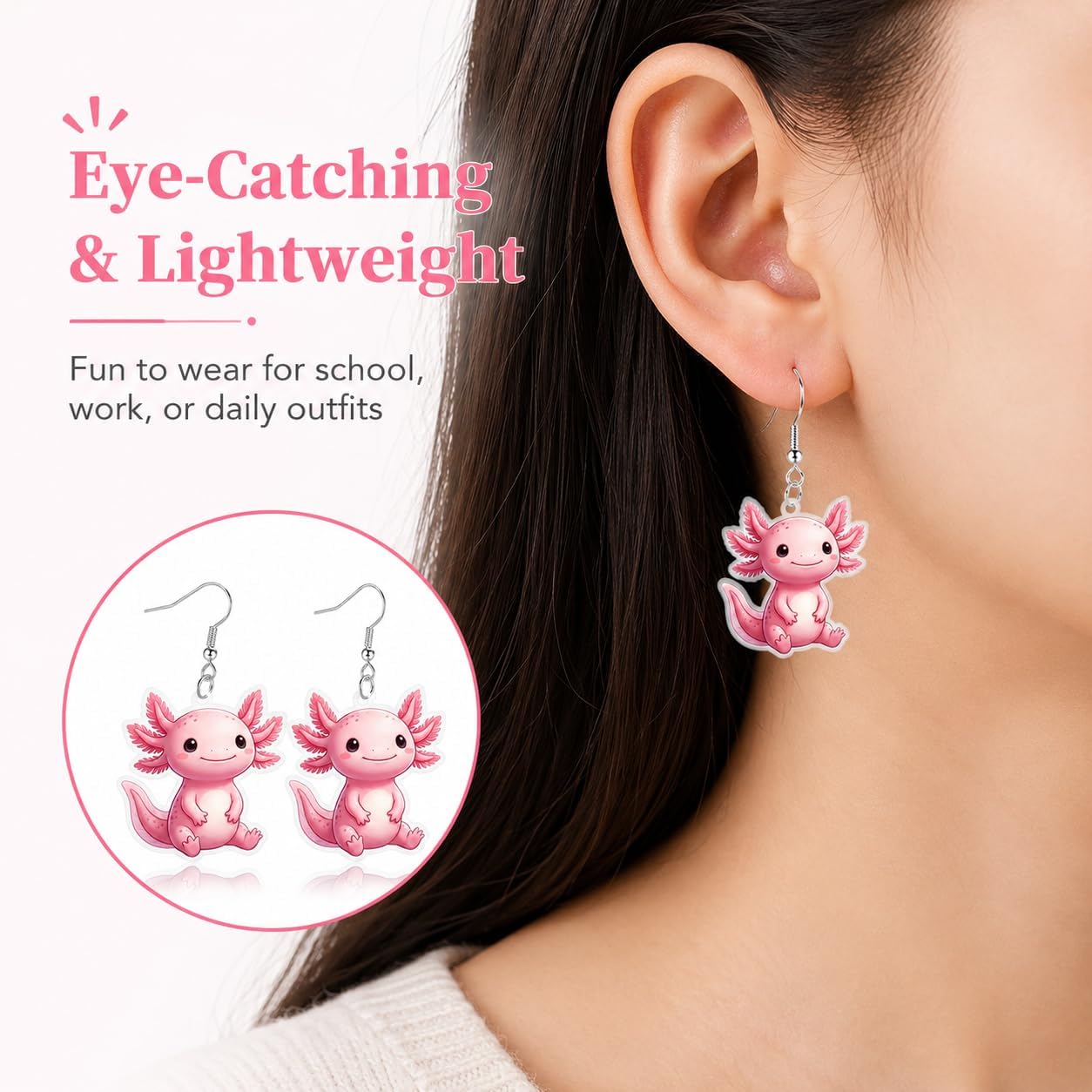 Acrylic Pink Axolotl Earrings for Women, Salamander Animal Dangle Earrings, Pink Novelty Jewelry, Aquarium Lover Gift for Pastel Everyday Outfits image 4