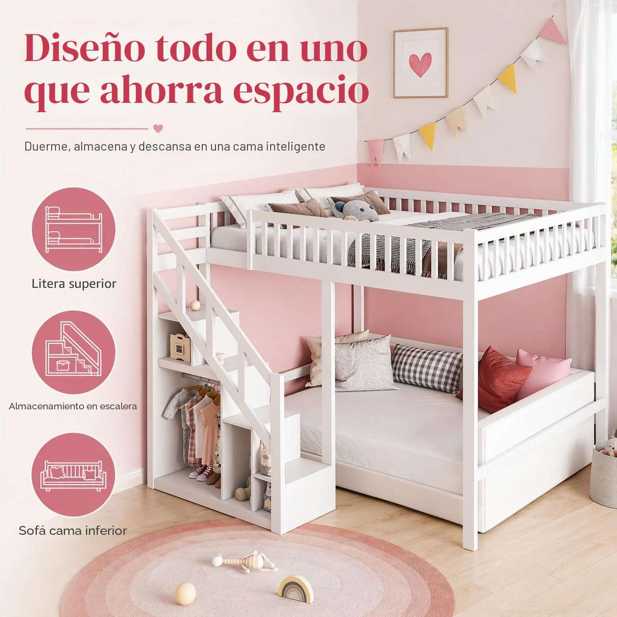 Litera de 90 x 200 cm, Cama Infantil de Madera Maciza con Escalera de Seguridad y Armario de Almacenamiento, Cama Juvenil con somier de láminas, Cama Infantil Multiusos para habitación