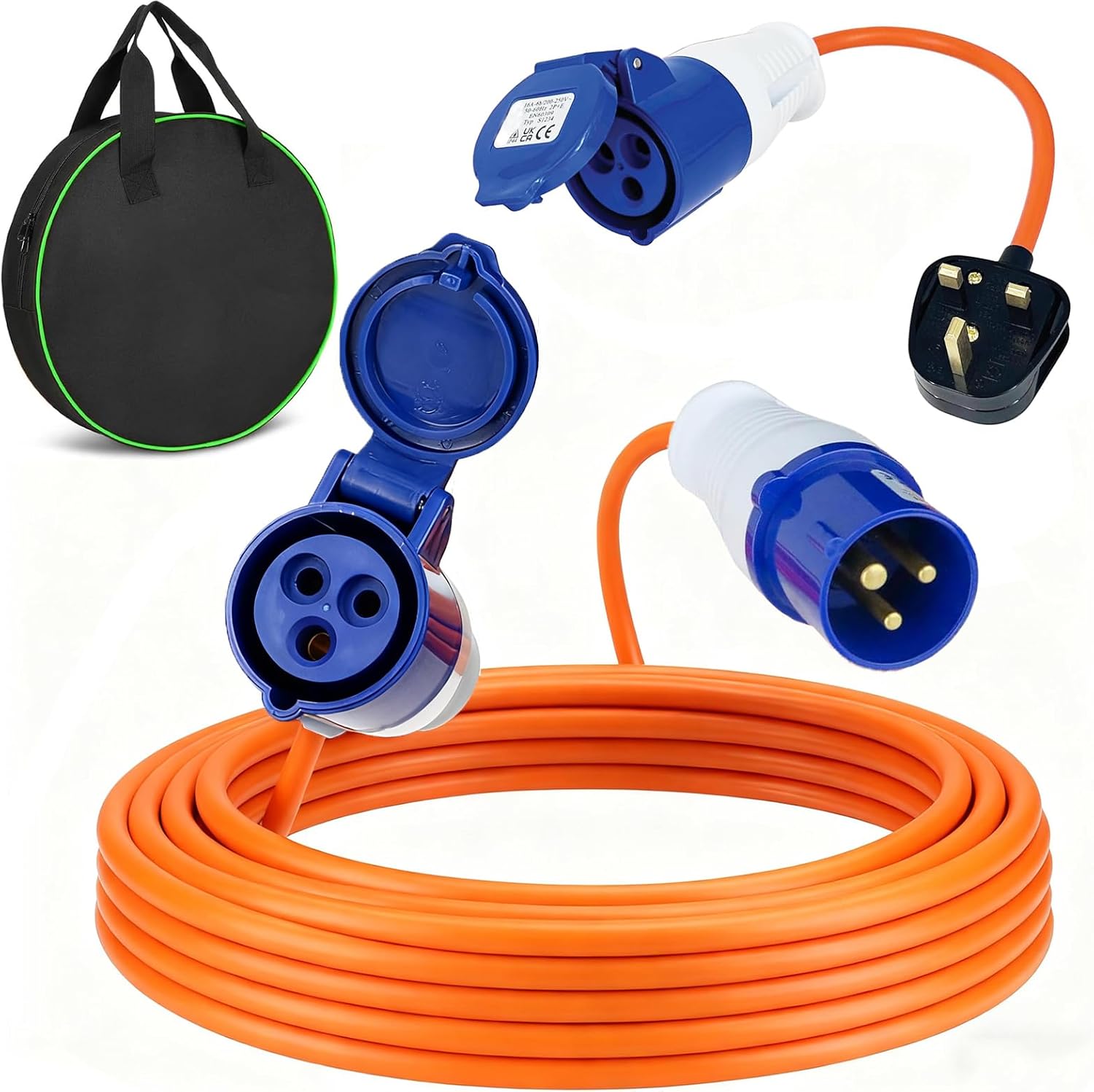 Caravan Hook Up Cable 10M, 240V 16A Camping Extension Lead with 3 Pin Fly Lead Converter and Carrying Bag, Power Cord Electric Extension Cable for Motorhomes Campervans