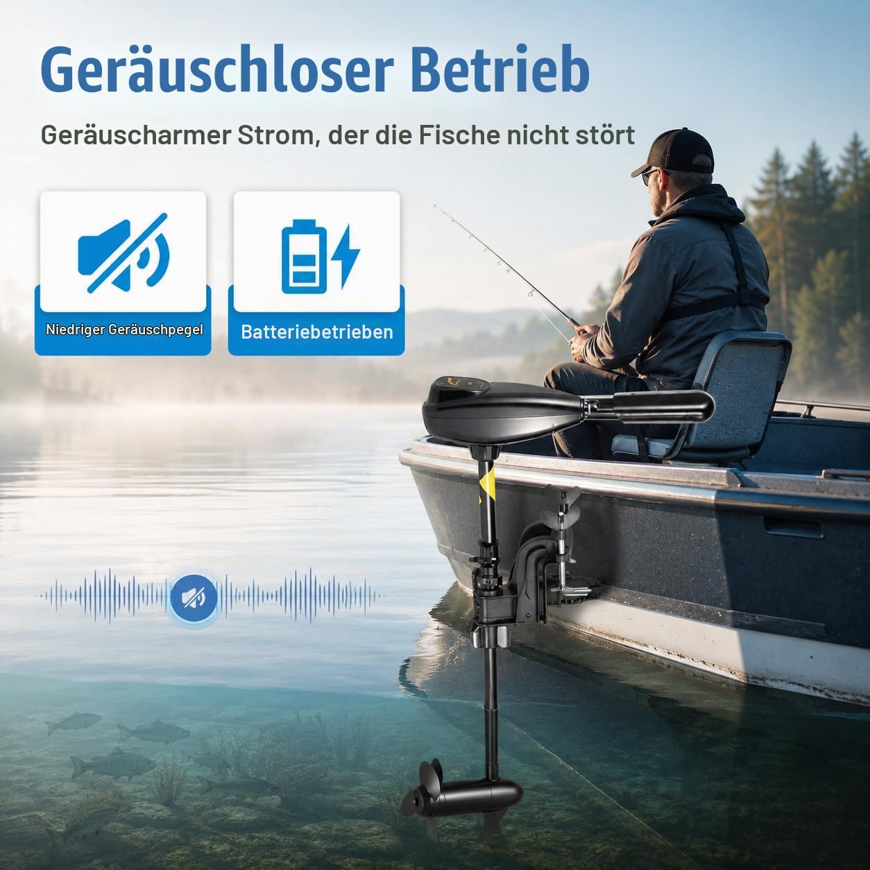 Elektro Außenborder 55 lbs, 12V, 5 Vorwärts-/3 Rückwärtsgänge | 626 W Kupfermotor | 5/3 Gänge | Batterieanzeige | Teleskopgriff 45-56 cm | Klemmhalterung | Schutzring-Propeller