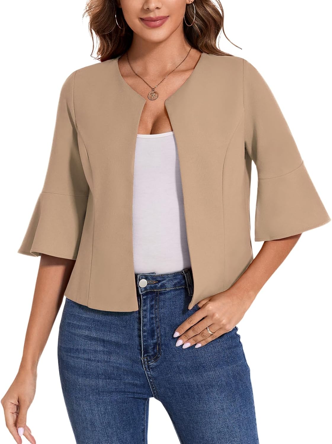 MINTLIMIT Womens Casual Blazers Cropped Work Office Flared 3/4 Sleeve Suit Jacket Casual Elegant Collarless Blazers,Khaki,XL