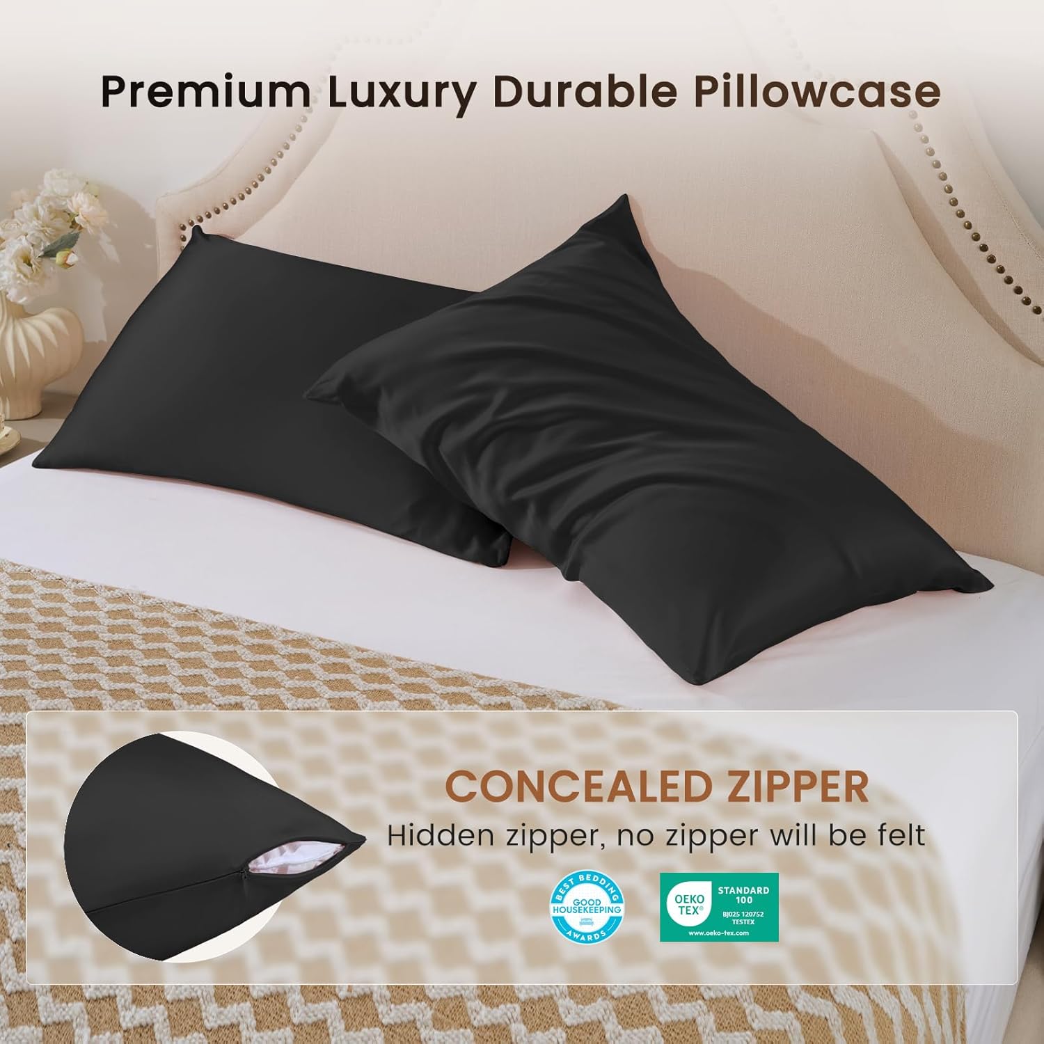 THXSILK 100% Natural Mulberry Silk Pillowcase for Hair and Skin Luxury 25 Momme 1 Pcs Silk Pillow Cases with Hidden Zipper Closure, Black, Queen