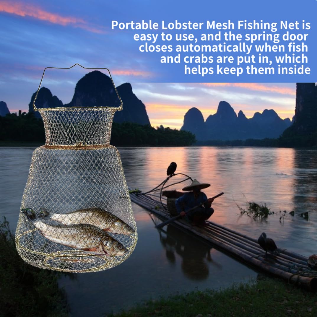 Cesto di Granchio di Pesce in Filo, Cesto di Granchio di Pesce Metallico Pieghevole Portatile da 38 cm a Aragosta di Pesca in Metallo con Impugnatura, pentola per Pesca in Acciaio