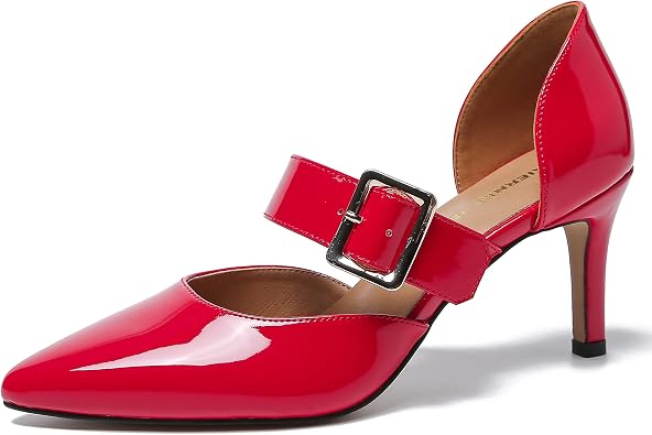 MAIERNISI JESSI Womens DOrsay Pointed Toe Pumps, Stiletto Kitten Heel, Buckle Strap Dressy Shoes