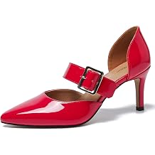 MAIERNISI JESSI Womens DOrsay Pointed Toe Pumps, Stiletto Kitten Heel, Buckle Strap Dressy Shoes