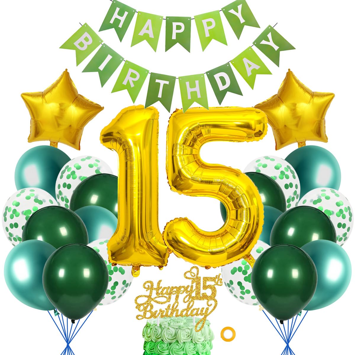 SNOWZAN 15th Birthday Decoration Set Green Gold for Girls and Boys - With Happy Birthday Banner