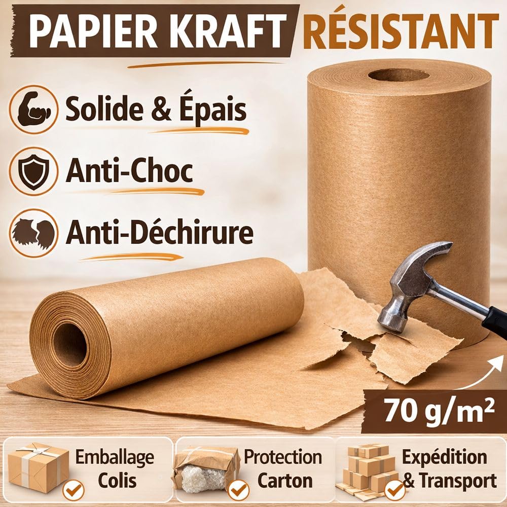 Rouleau Papier Kraft - 90 cm x 250 m – Papier Kraft Marron 70 g/m² – Papier Emballage Colis, Protection Carton, Emballage Cadeau – Papier Kraft Résistant pour Expédition, E-commerce & Déménagement