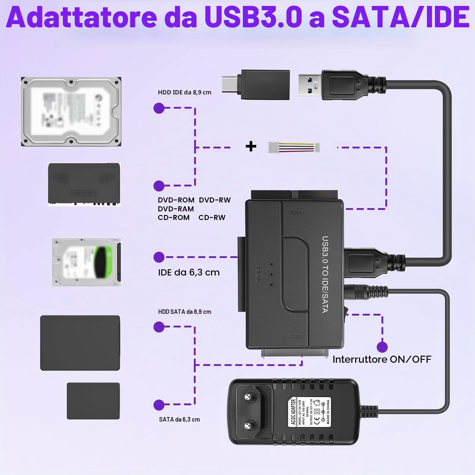 Adattatore USB3.0 IDE e SATA, 5Gbps USB3.0 a SATA IDE Adattatore per Disco Rigido ConvertitoreSATA&IDEper Unità HDD o SSD da 2,5 e 3,5 Pollici, DVD-RW,CD-ROM,CD-RW