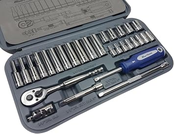 Blue Point BLPATSM1429 29-Piece 1/4 Drive Metric Socket Set, 6-Point Shallow & Deep Sockets 4-14mm, Quick Release Ratchet, Extension Bars, Universal Joint & Storage Case