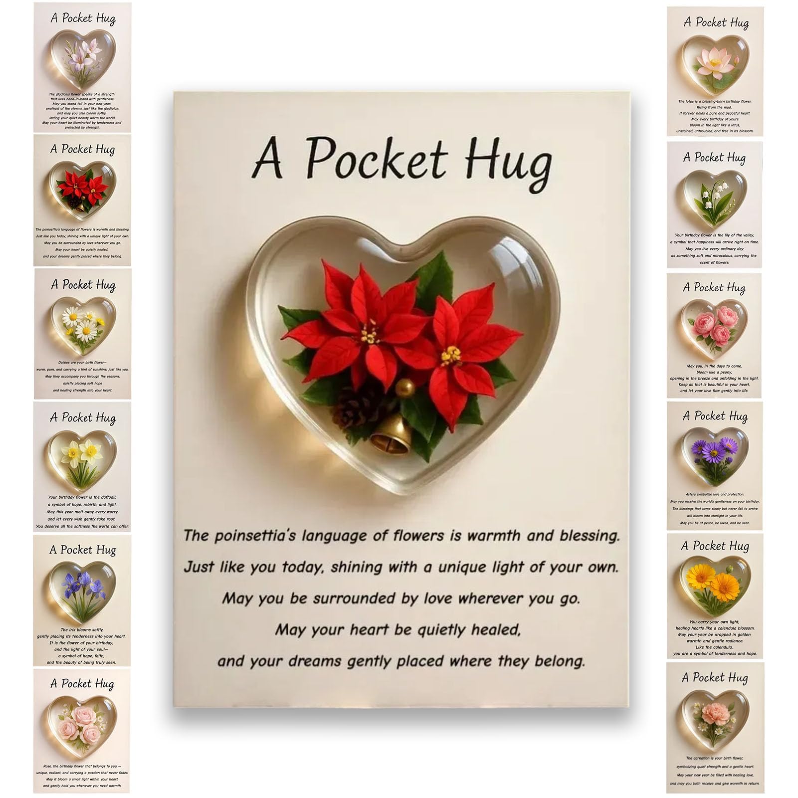 Birth Flower Pocket Hug Gift–Personalized Monthly Flower Token,Heart-Shaped Mini Keepsake for Encouragement Anxiety Relief & Emotional Support, Birthday Gifts for Women,Friends,Family,Lover (Dec.)