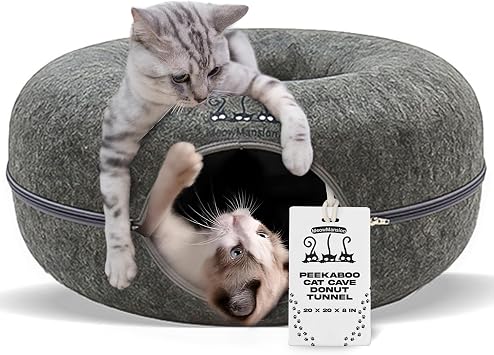 MeowMansion - Indoor Cat Tunnel Bed - Scratch Resistant Peekaboo Cave Donut Shape - Multifunctional Playground, Caves, Toys Grey