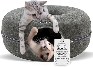 MeowMansion - Indoor Cat Tunnel Bed - Scratch Resistant Peekaboo Cave Donut Shape - Multifunctional Playground, Caves, Toys (Grey)