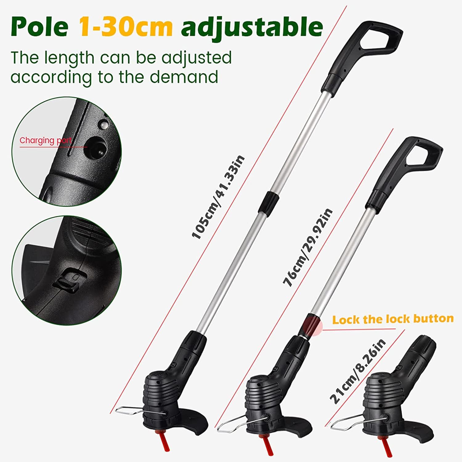 Tondeuse à gazon sans fil pour outil de jardin, longue poignée télescopique réglable et légère, avec batterie 1200 mAh et 5 lames de rechange, pour le désherbage de la pelouse de jardin (chargement US
