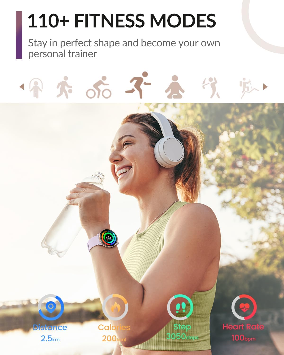 A woman smiling and drinking water while wearing the smartwatch, with icons representing various fitness metrics like distance, calories, steps, and heart rate.