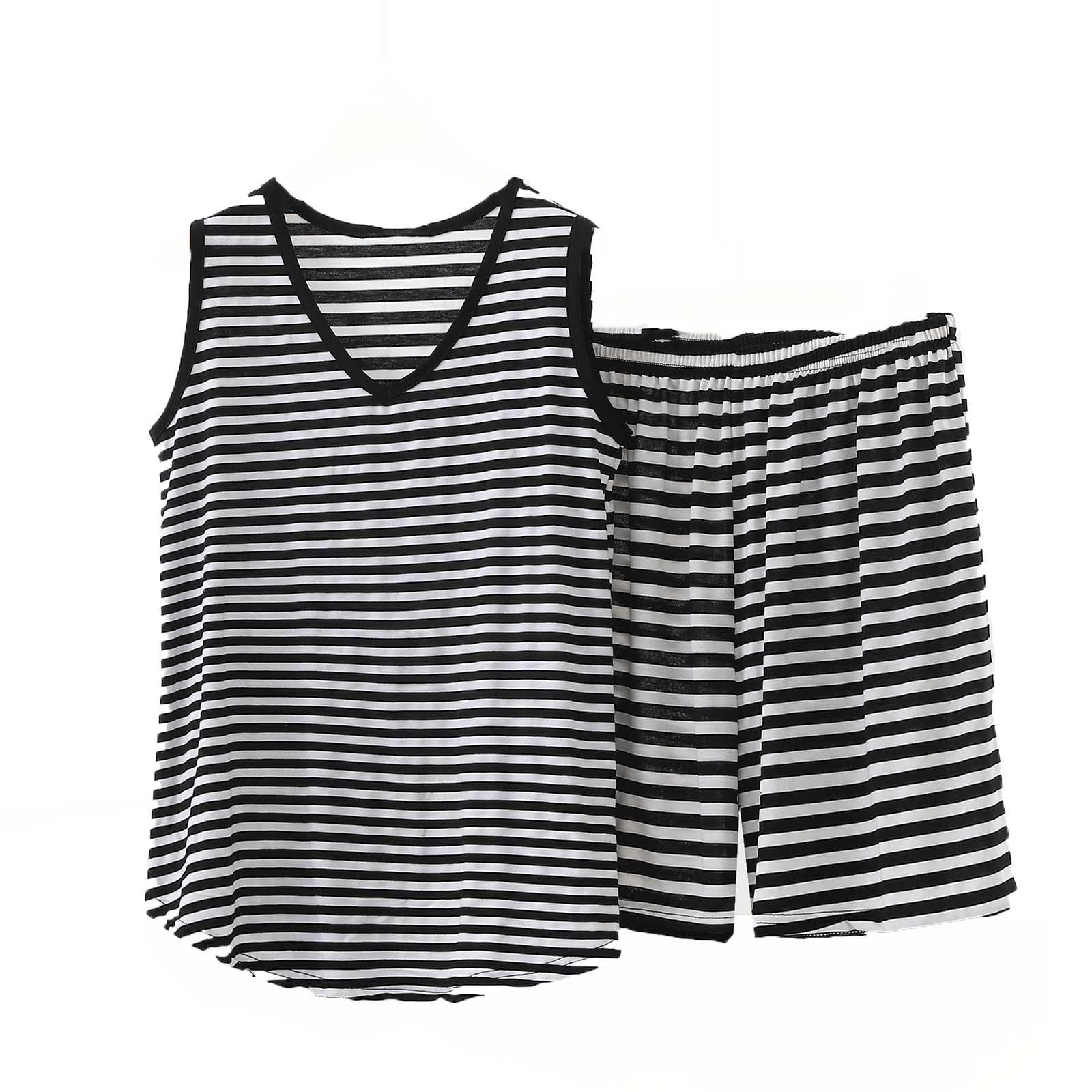 Workout Sets for Women 2 Piece Plus Size Striped Comfy Set Sleeveless V Neck Tops and Shorts Modal