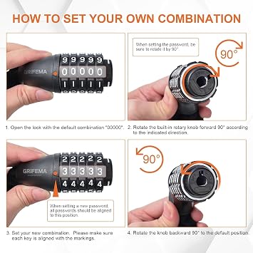 GRIFEMA Bicycle Lock with Numbers and High Security Level Chain Lock with Code Combination Hardened Steel Chain Links 7mm x 900mm Black