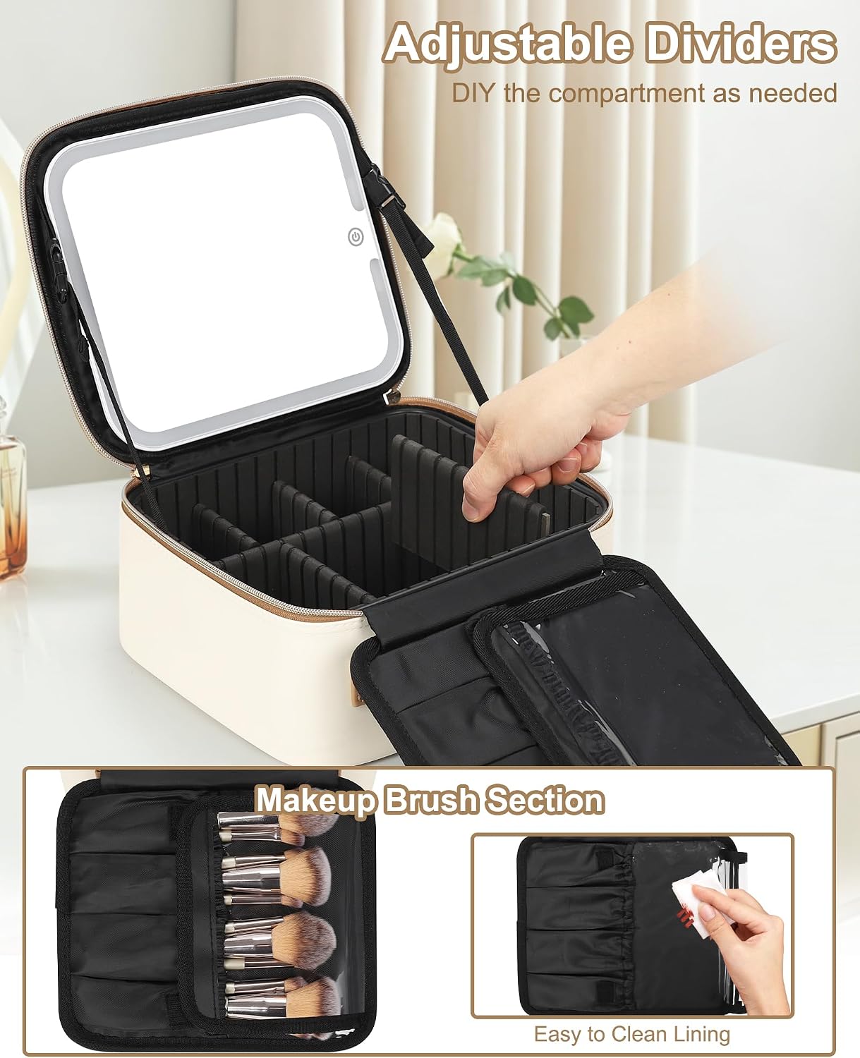 Relavel Birthday Gifts for Women Teen Girls, Initial Makeup Bag with LED Mirror, Personalized Cosmetic Organizer with 3 Light Modes, Rechargeable Travel Bag with Compartment & Adjustable Dividers - S image 4