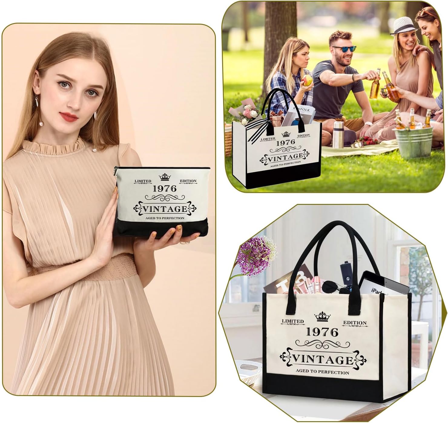 50th Birthday Gifts for Women Canvas Tote Bag, Vintage 1976 Beach Bag and Cosmetic Bag, Unique 50 Year Old Birthday Gifts for Wife Mom Sister Aunt Friends Her - Image 8