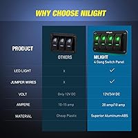 Vista 6 de Nilight Panel de Interruptores Basculantes de 4 Posiciones, 5 Pines, Conmutador de Encendido/Apagado, Soporte de Aluminio, 12V 24V, Tablero Verde