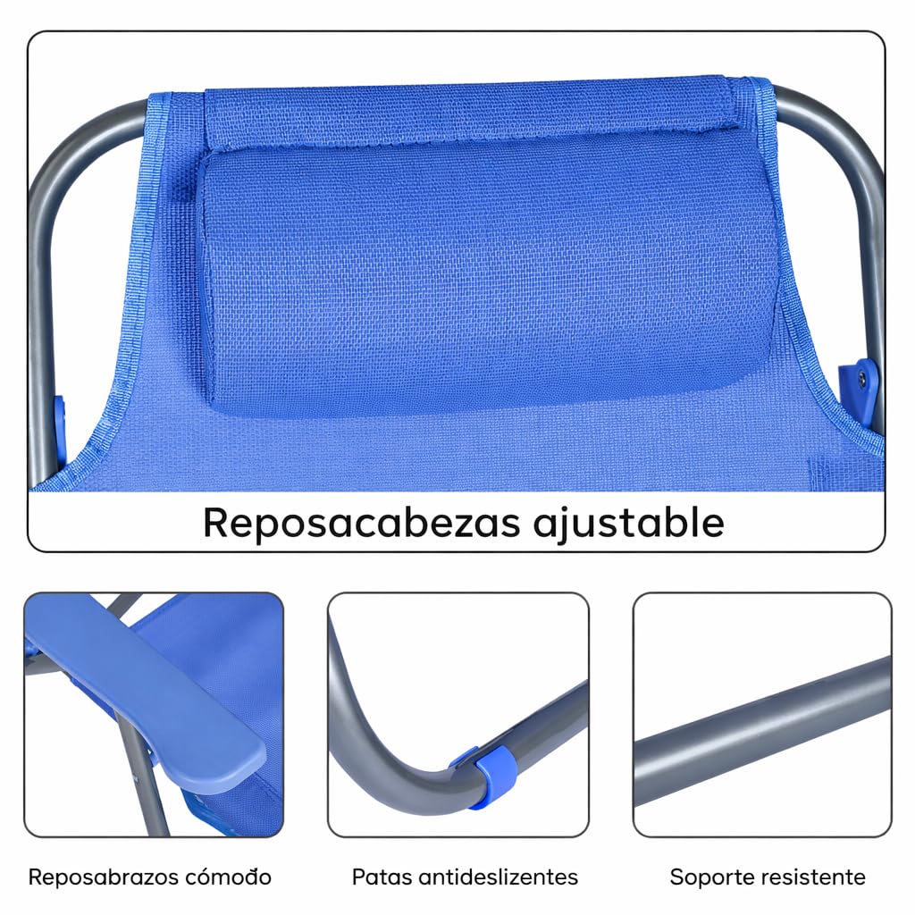 T-LOVENDO.ES Pack de 2 Sillas de Playa Reclinables Plegables con Reposacabezas | Sillas Portátiles para Jardín, Camping, Piscina, Terraza | Estructura de Acero Ligera y Tela Transpirable Resistente