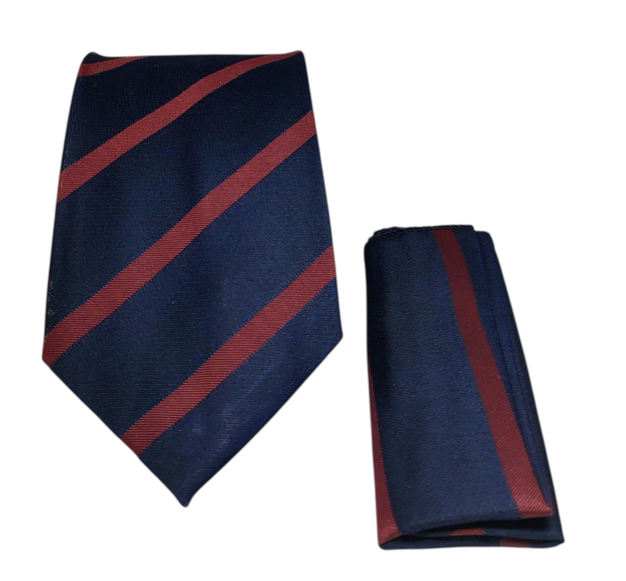 FashMade Navy Blue Maroon Stripes Premium Italian Silk Tie & Pocket Square Set | 2.75" Slim Tie & 10x10" Matching Pocket Square Combo-image-24