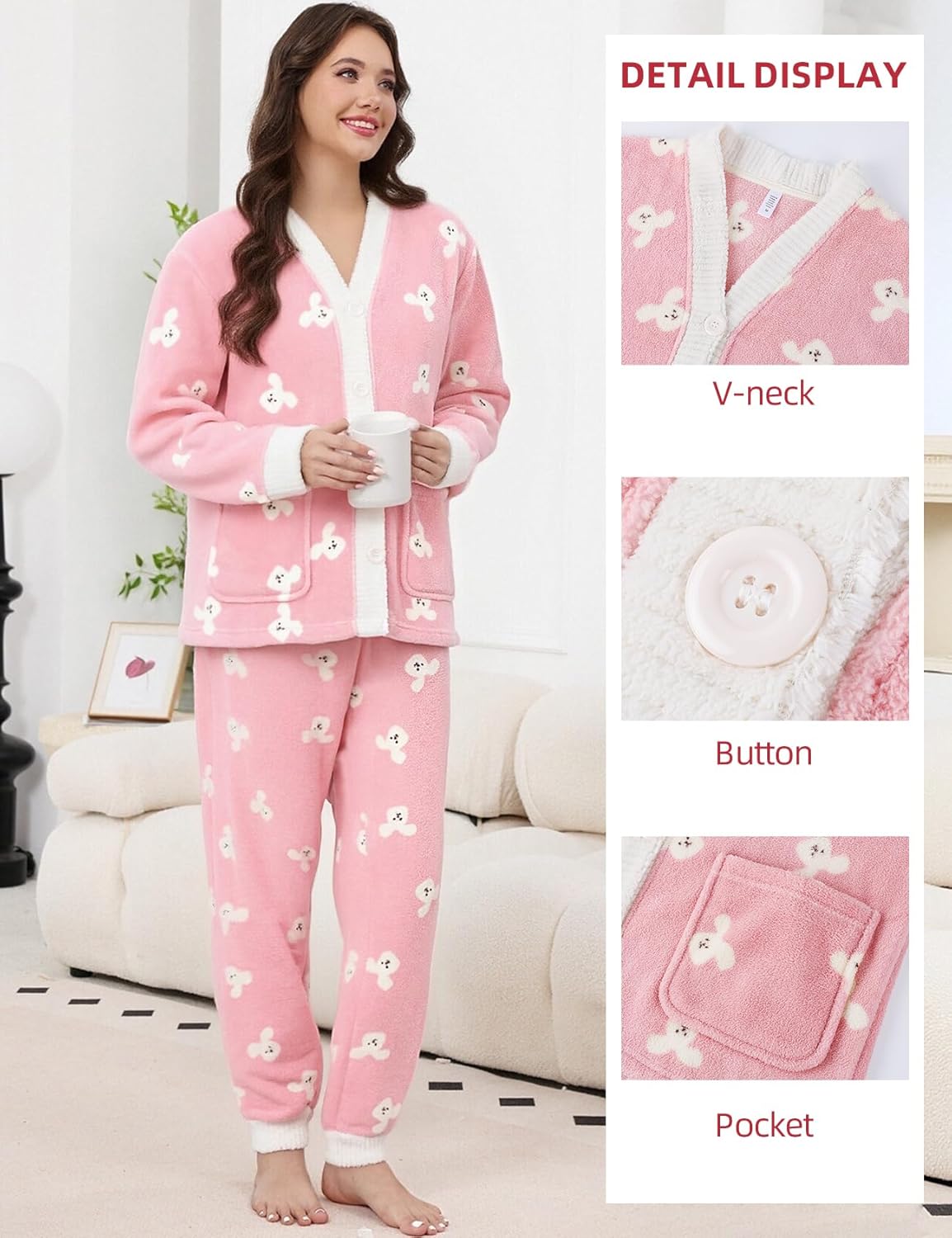 Gihuo Fleece Pajamas for Women Set Fuzzy Warm 2 Piece Winter Sleepwear Soft Cozy Pjs with Pockets - Image 4