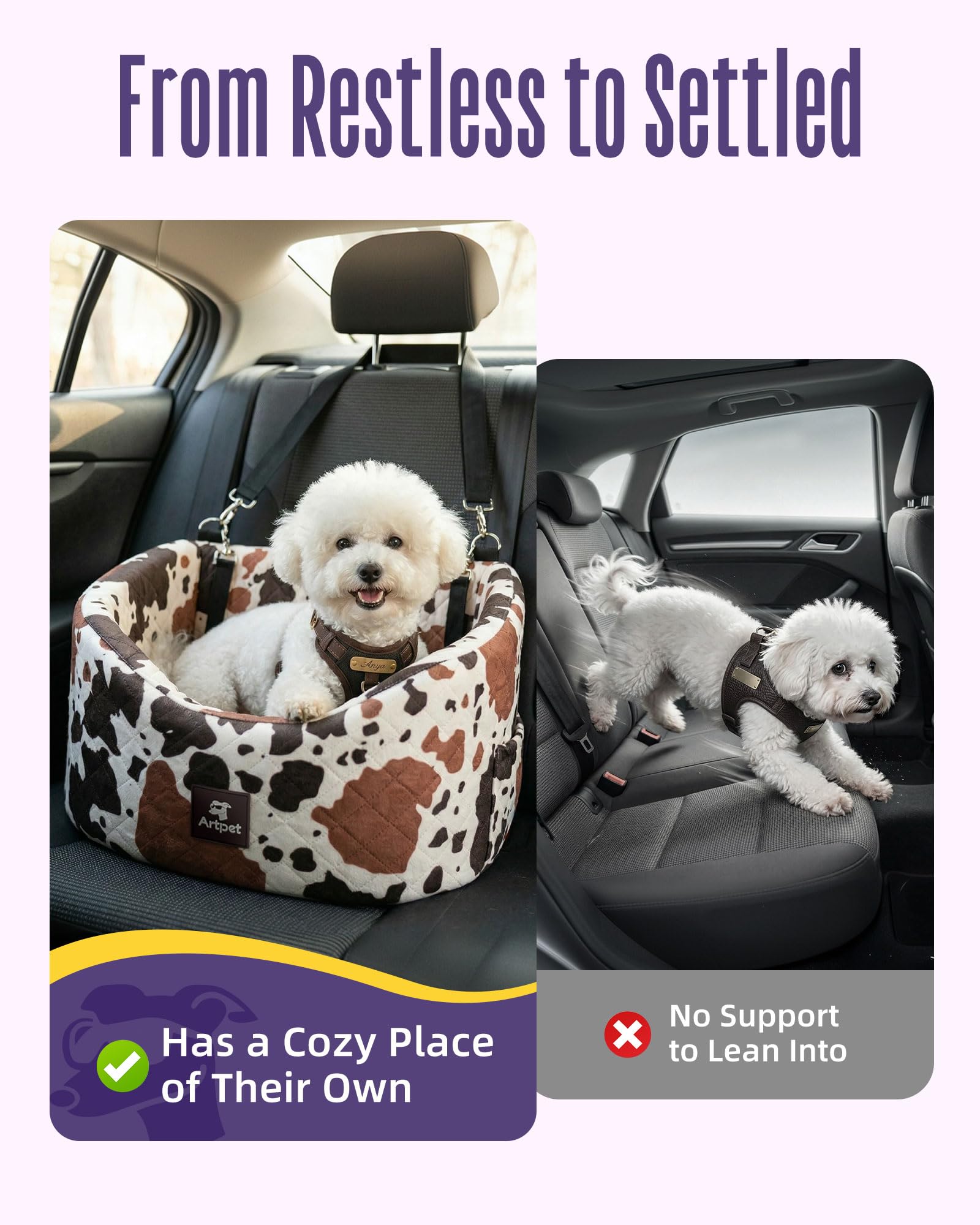 Asiento de Seguridad para Perros Pequeños y Medianos - Confortable, Antideslizante, con Fijación al Cinturón de Seguridad, Colores: Marrón con Patrón Lechoso