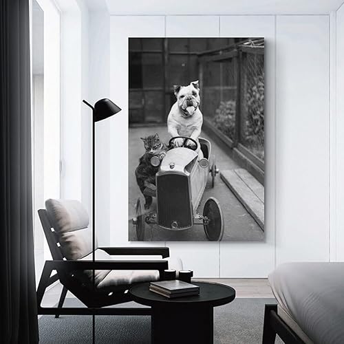 Miniatura 3 de Arte de pared con diseño de bulldog y gato conduciendo un automóvil, divertido animal en blanco y negro, vintage, sala de estar, lienzo para pared,