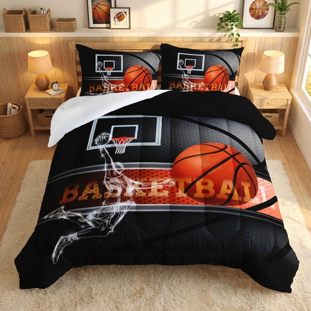 AILONEN Bedding Set, Queen 3D Basketball Comforter Set for Boys Kids Teen, Microfiber, 1 Comforter + 2 Pillowcases