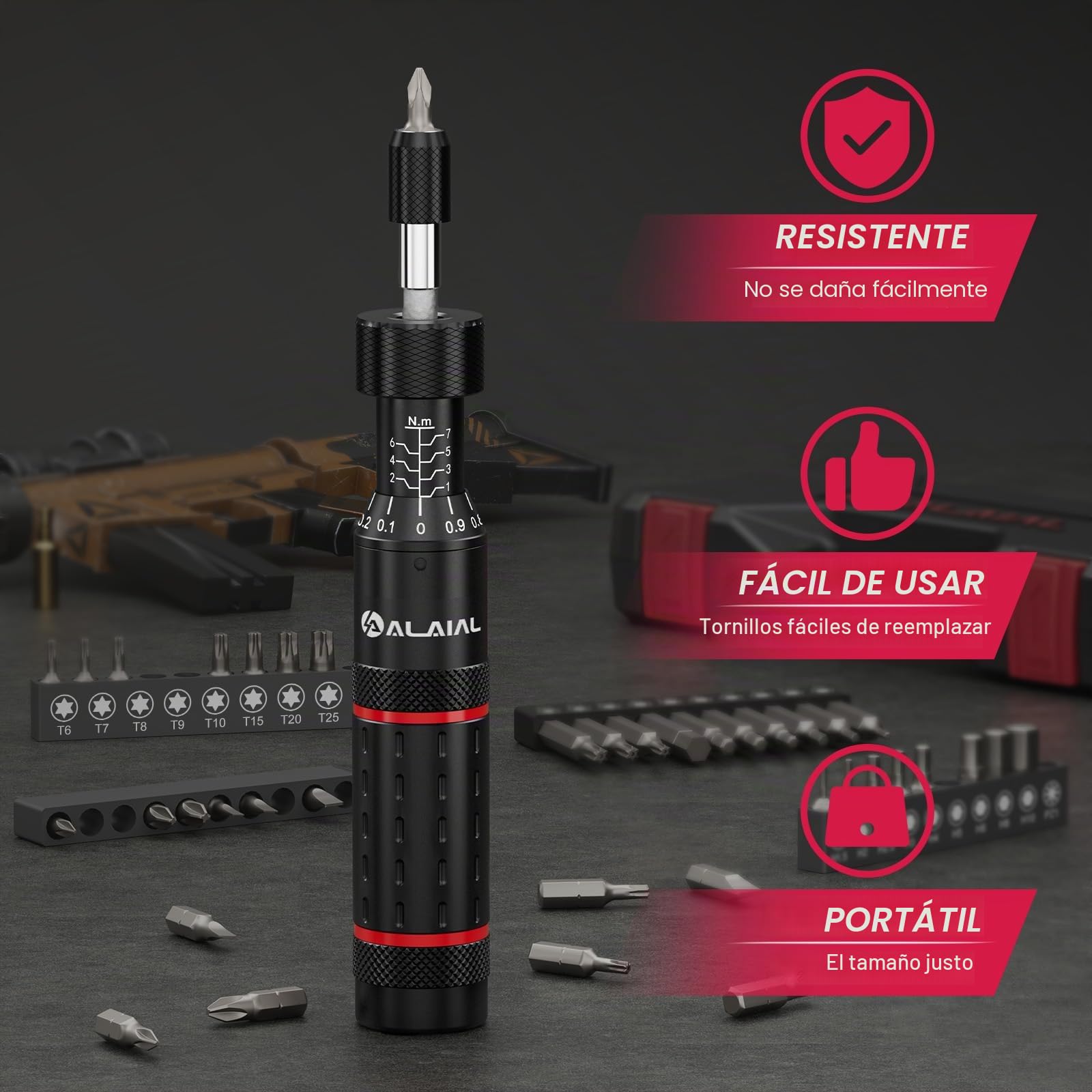 Destornillador Dinamométrico, 1-7Nm, 41 Piezas Juego de Brocas de Destornillador Dinamométrico, 1/4" Llave Dinamométrica para Bicicletas