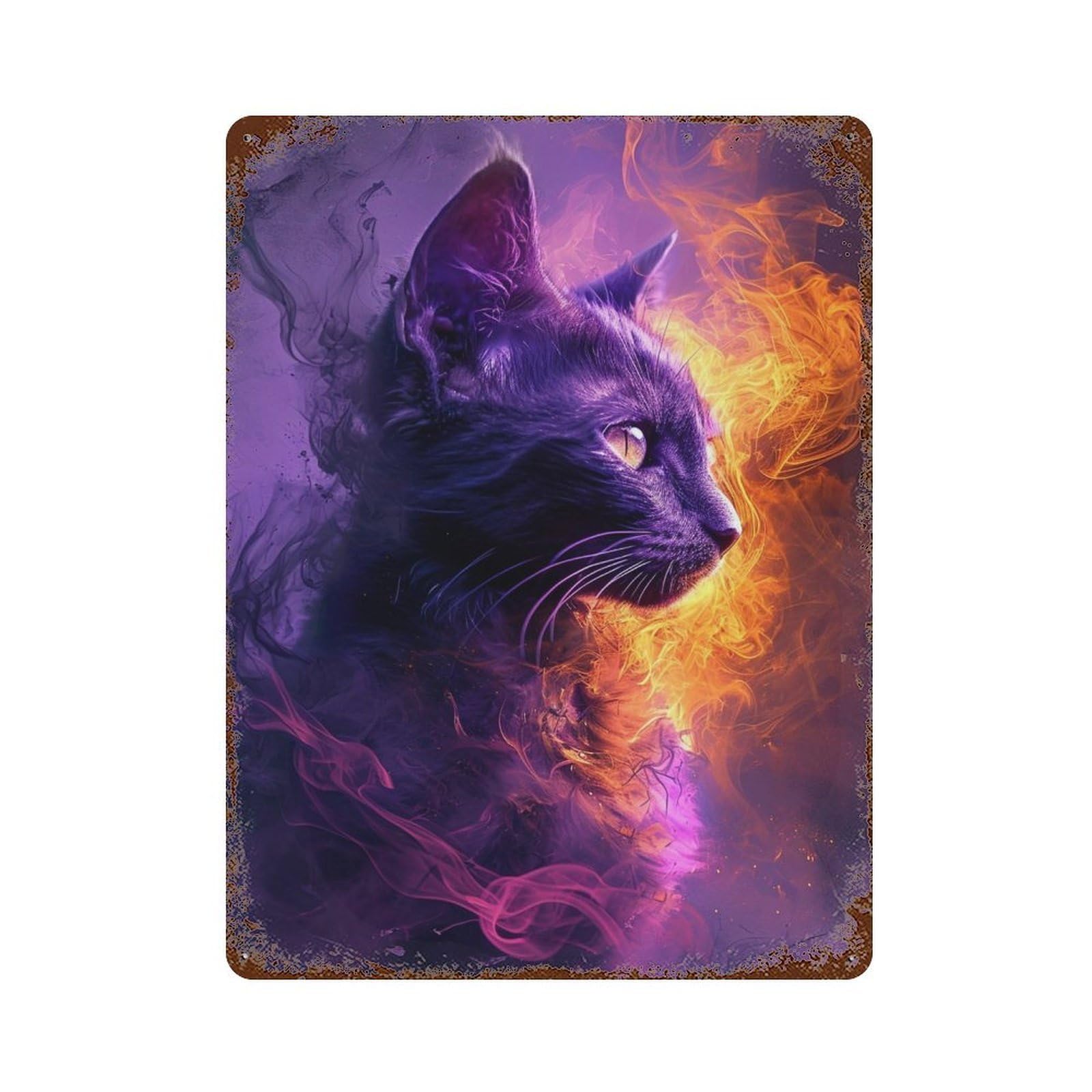 Flaming Cat Art Print Retro Metal Sign 15.7"x11.8", Vintage Wall Decor for Bistro, Counter And Cafe Decor
