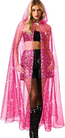 Kaei&Shi Star Tulle Cape,Long Sheer Hooded Cloak Gothic Witch Costume,Celestial Dress For Women Halloween Wedding